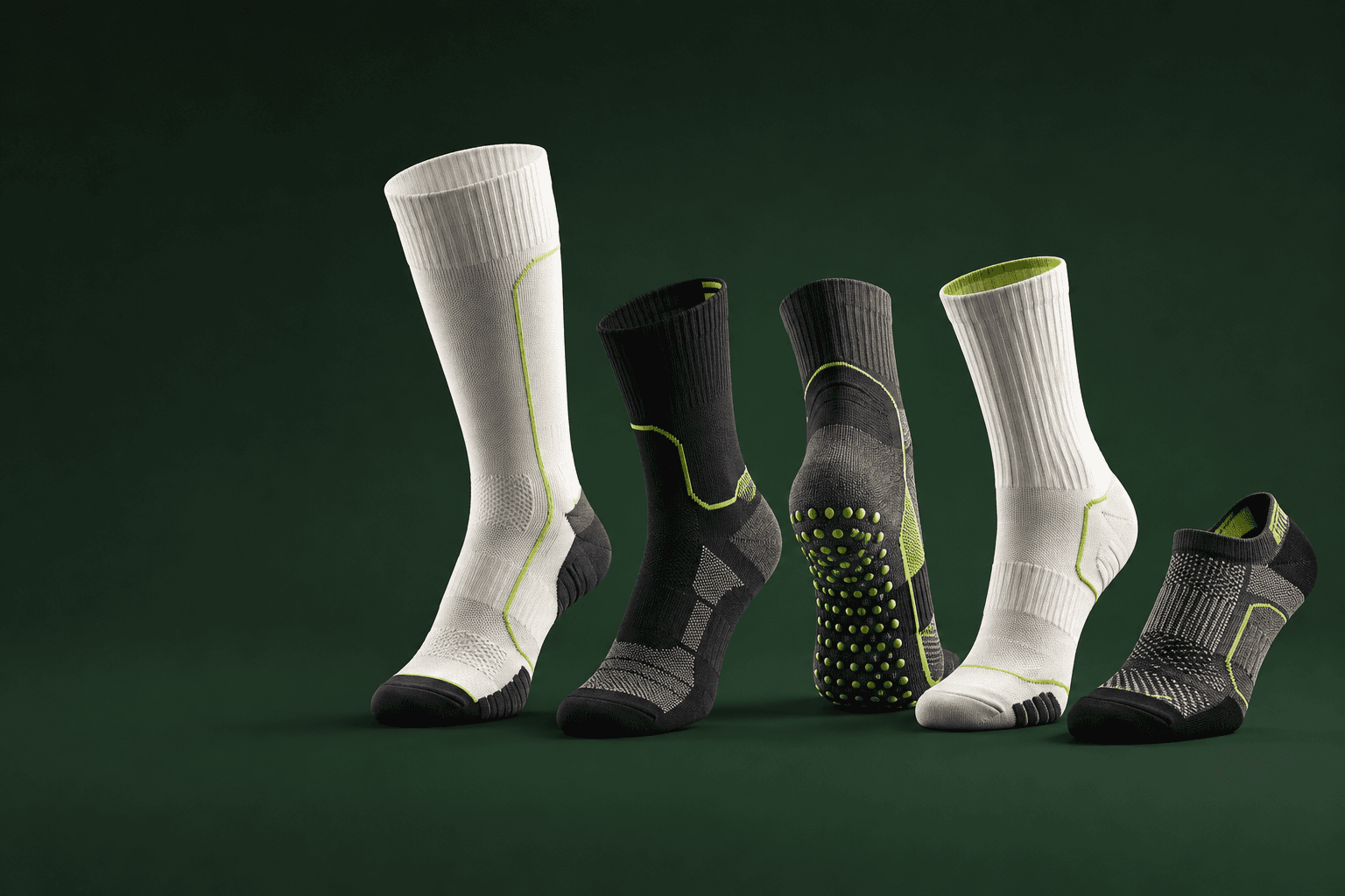 Five premium custom performance socks in black, white and lime green