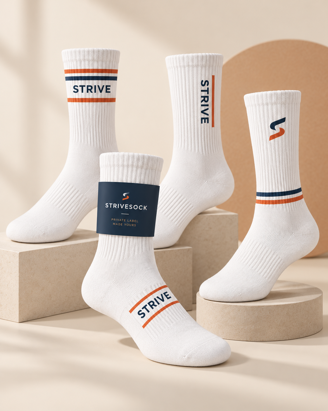 StriveSock crew socks showing custom colors, stripes, logos and a branded paper band